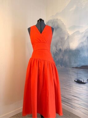 Linen Vibes Sleeveless V-Neck Red Orange Midi Dress #250